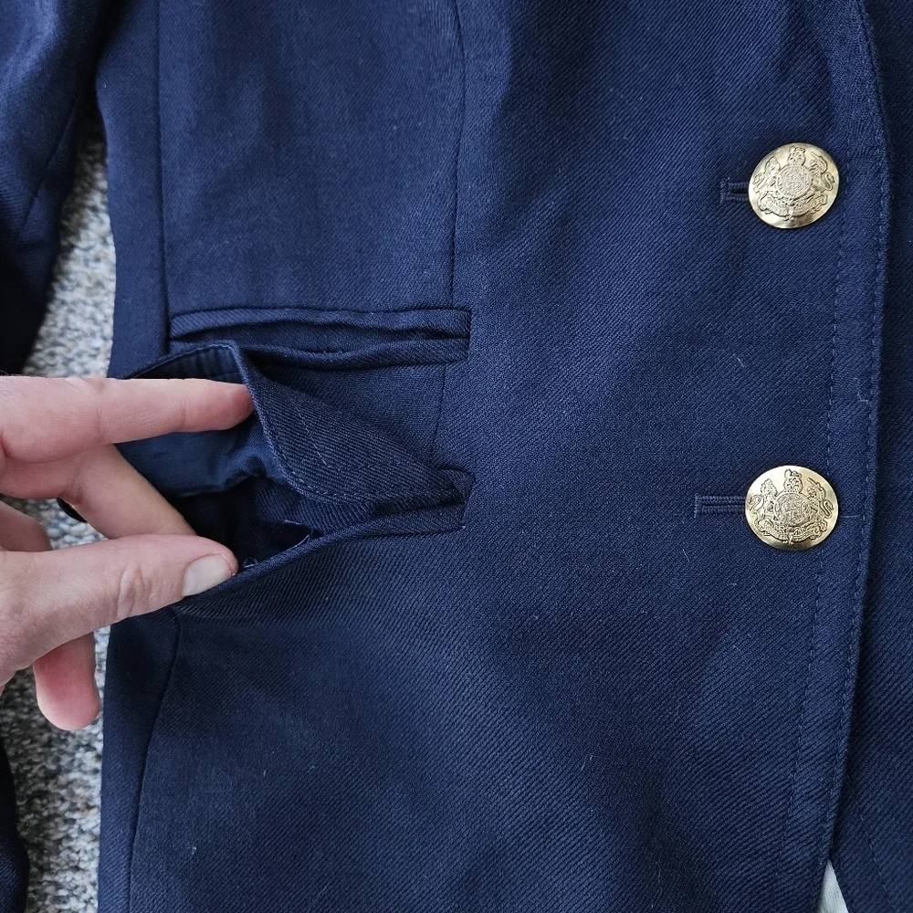 J. Crew Schoolboy Blazer Wool Double Pocket Navy Blue Gold Buttons Jacket Size 0